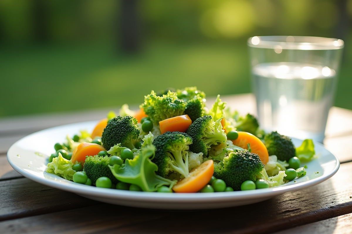 Assiette de salade verte appétissante en plein air avec légumes