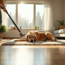 Personne aspirant un salon lumineux avec un chien golden retriever