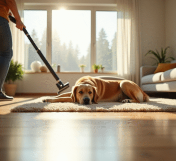 Personne aspirant un salon lumineux avec un chien golden retriever