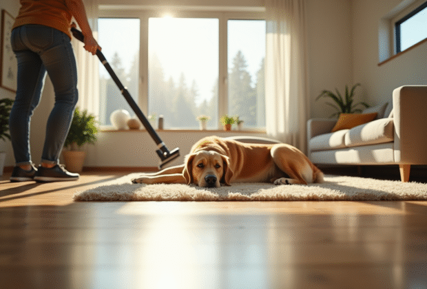Personne aspirant un salon lumineux avec un chien golden retriever