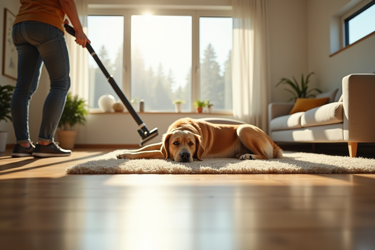 Personne aspirant un salon lumineux avec un chien golden retriever