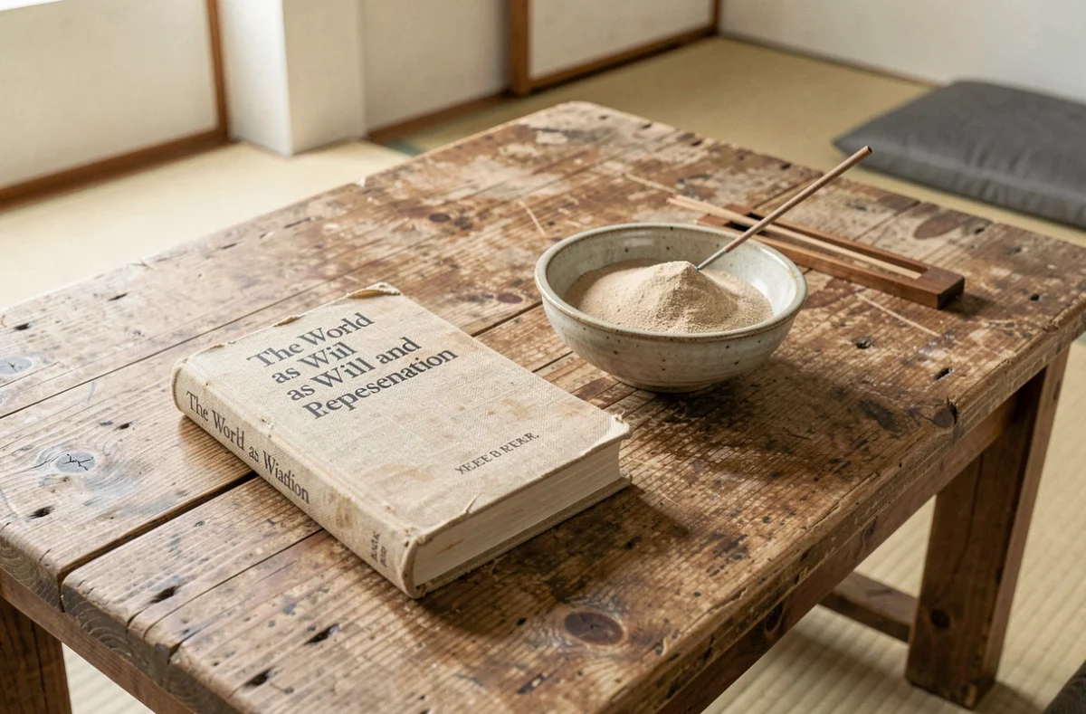 Nature morte philosophique associant un livre de Schopenhauer et des objets de méditation bouddhiste sur une table en bois épuré, symbolisant le dialogue entre deux traditions de pensée