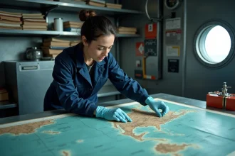 Scientifique marine étudiant une carte topographique de la fosse des Mariannes à bord d'un navire de recherche océanographique