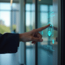 Professionnel utilisant une interface de sécurité moderne à l'entrée