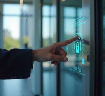 Professionnel utilisant une interface de sécurité moderne à l'entrée