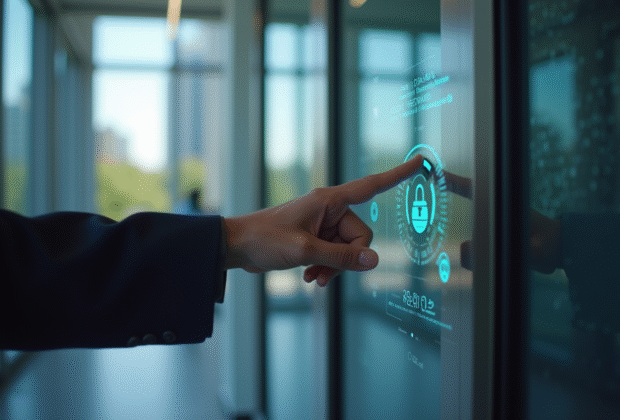 Professionnel utilisant une interface de sécurité moderne à l'entrée