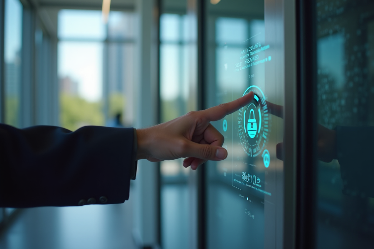 Professionnel utilisant une interface de sécurité moderne à l'entrée