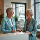 Femme âgée en blazer bleu dans une résidence seniors