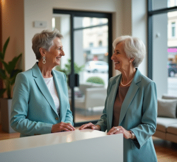 Femme âgée en blazer bleu dans une résidence seniors