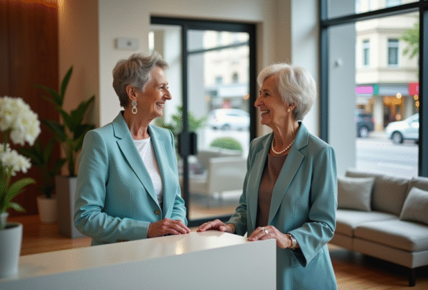 Femme âgée en blazer bleu dans une résidence seniors