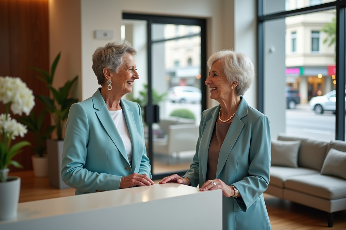 Femme âgée en blazer bleu dans une résidence seniors