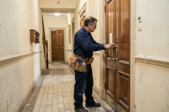 Un serrurier professionnel travaille sur une porte d'appartement dans un couloir de style parisien à Pantin