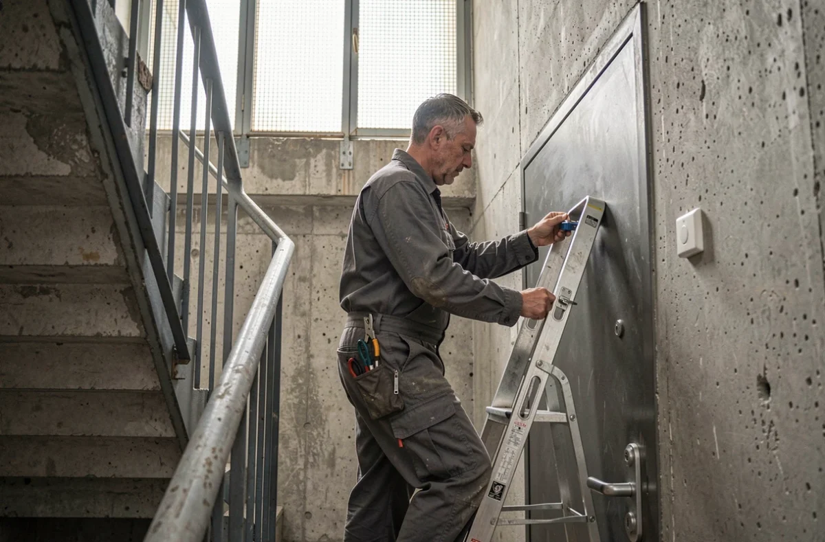 Un serrurier de Serruriersdanslaville Pantin remplace une serrure haute sécurité sur une porte blindée dans une cage d'escalier