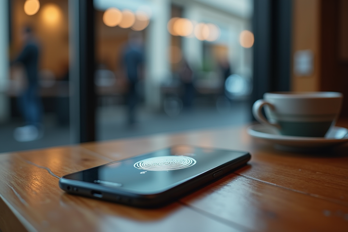 Smartphone avec empreinte digitale sur une table de café