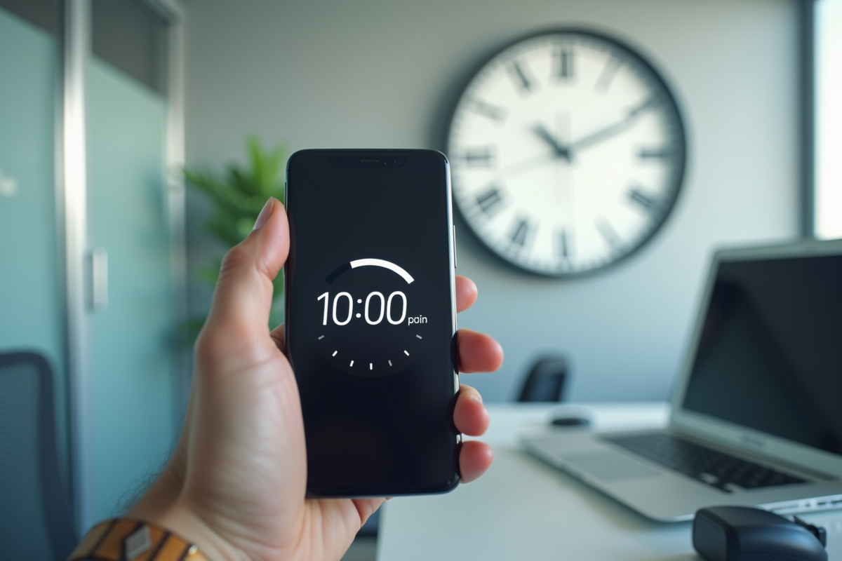 Smartphone affichant un chronomètre à 1000 secondes dans un bureau moderne