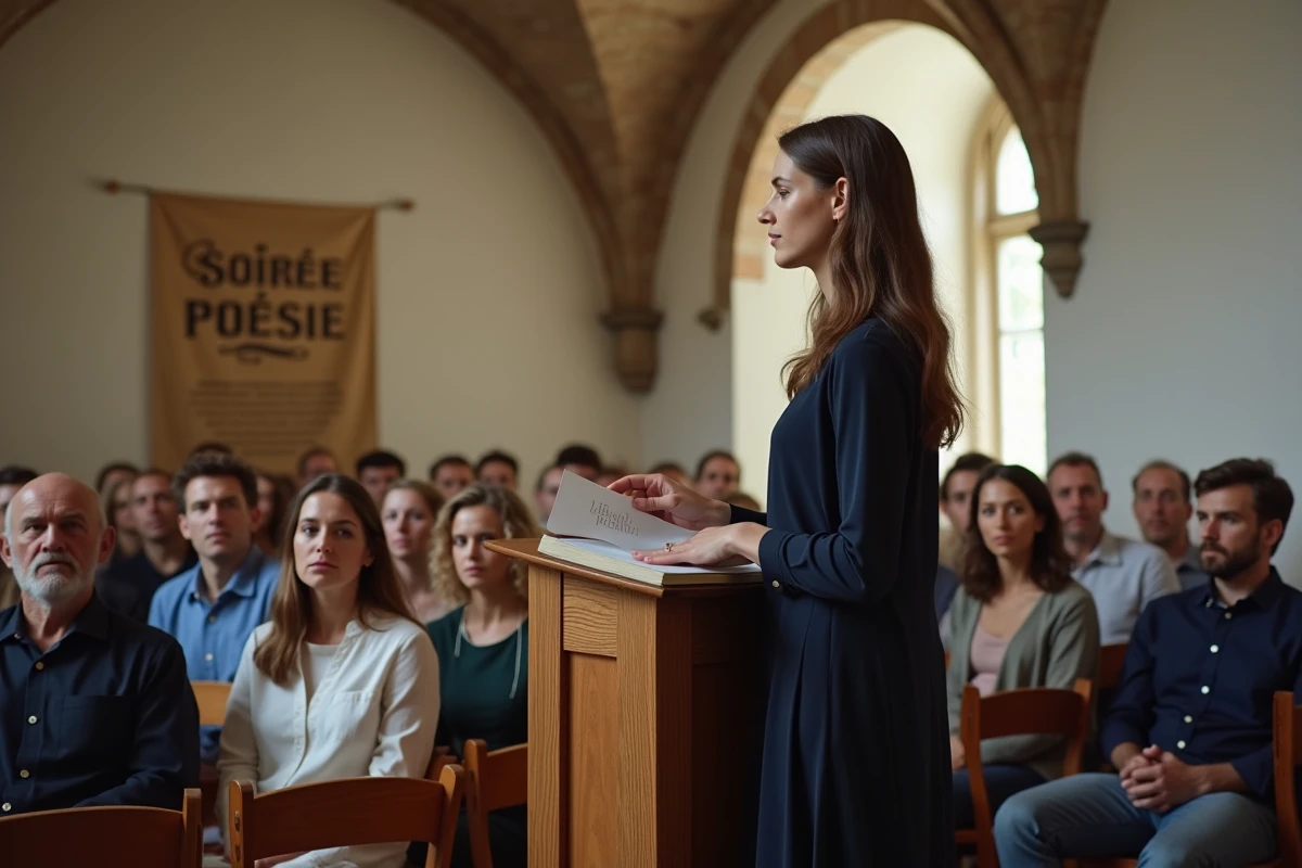 Soirée de lecture poétique organisée par les Éditions ACALA dans un centre culturel historique français avec une poétesse au pupitre