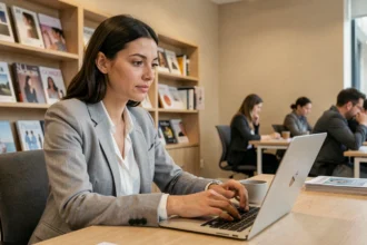 Femme consultant une stratégie éditoriale sur son ordinateur portable dans un bureau moderne, illustrant l'expérience client digitale