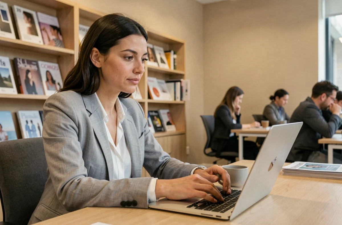 Femme consultant une stratégie éditoriale sur son ordinateur portable dans un bureau moderne, illustrant l'expérience client digitale