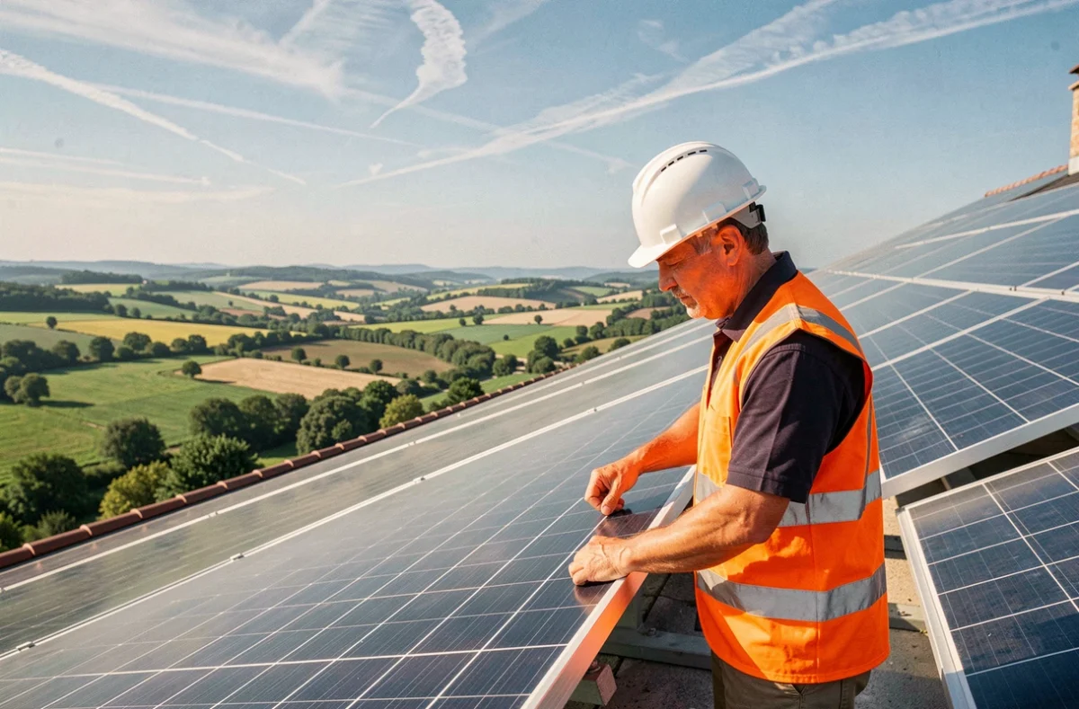 Un technicien de Sun Valley 2 inspectant des panneaux solaires sur le toit d'une villa dans la vallée du Lot-et-Garonne