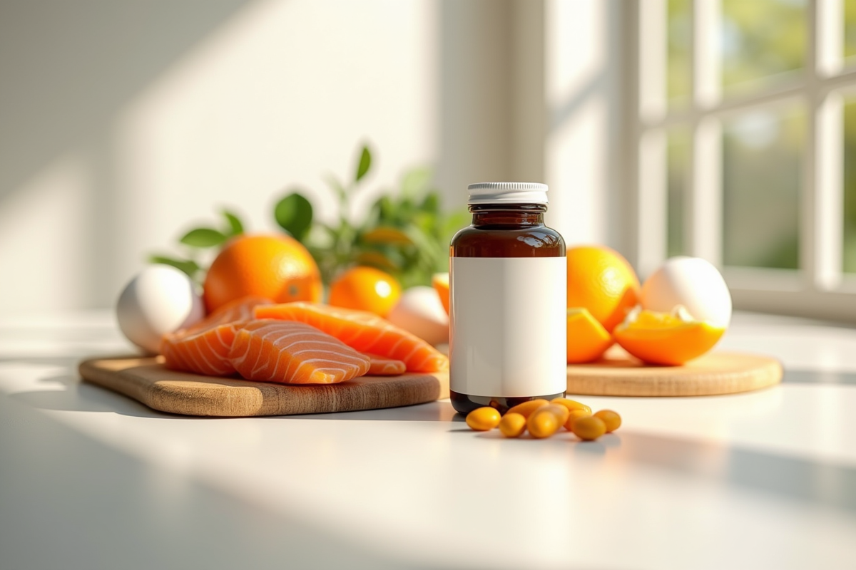 Table avec vitamine D3 oranges saumon et œufs en lumière naturelle