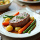 Table de dîner avec veau blanquette et légumes colorés