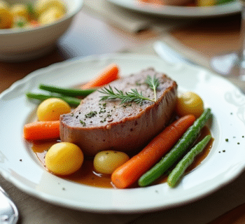 Table de dîner avec veau blanquette et légumes colorés