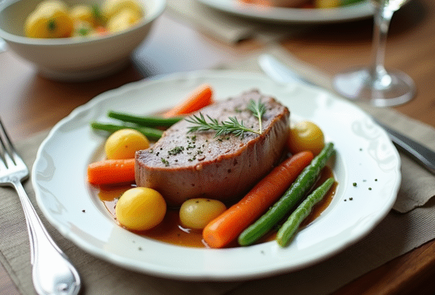 Table de dîner avec veau blanquette et légumes colorés