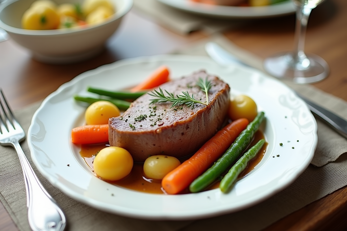 Table de dîner avec veau blanquette et légumes colorés