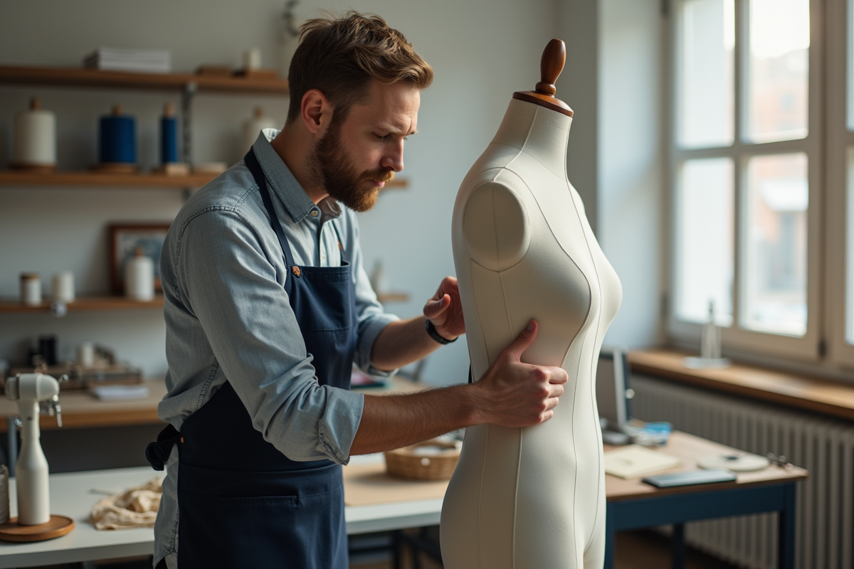 Tailleur ajustant un vêtement dans un atelier moderne lumineux
