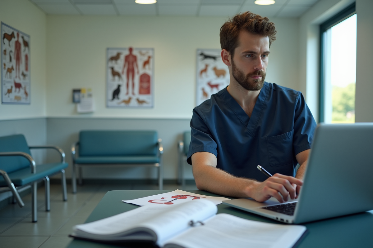 Jeune technicien vétérinaire en scrubs regarde un ordinateur