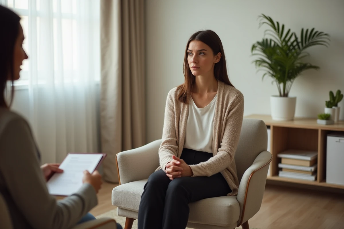 Femme consultant une thérapeute pour se reconstruire après une relation avec un pervers narcissique, dans un cabinet de consultation apaisant