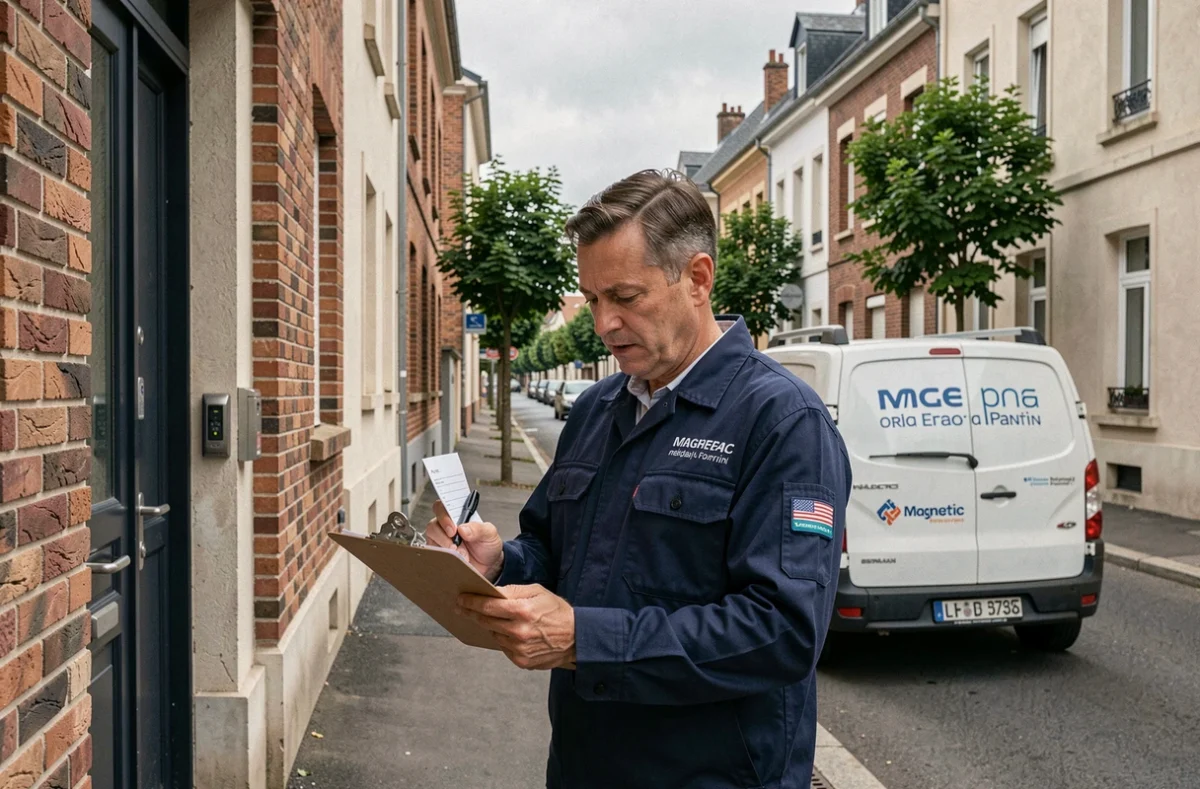 Un serrurier de Travaux.com Serrurier Pantin consulte son bon de travail devant un immeuble dans une rue typique de Pantin
