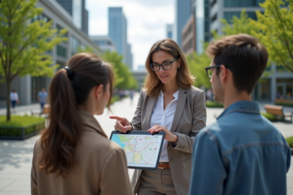 Urbaniste femme pointant une tablette en ville