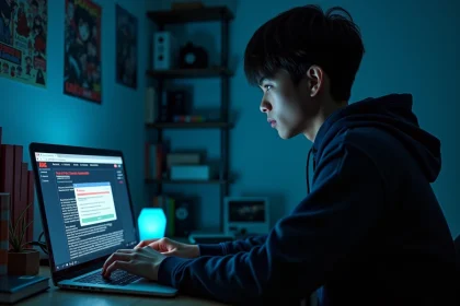 Jeune homme inquiet devant un écran d'ordinateur portable affichant des alertes de sécurité sur un site de scan manga