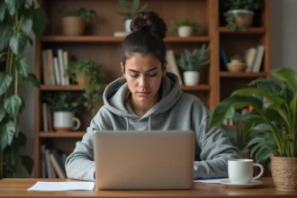 Femme naviguant prudemment sur un site de streaming de mangas sur son ordinateur portable depuis un bureau à domicile sécurisé