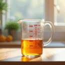 Verre mesureur rempli de liquide sur plan de cuisine lumineux