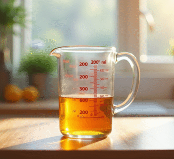 Verre mesureur rempli de liquide sur plan de cuisine lumineux