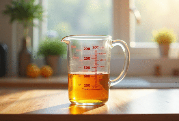 Verre mesureur rempli de liquide sur plan de cuisine lumineux