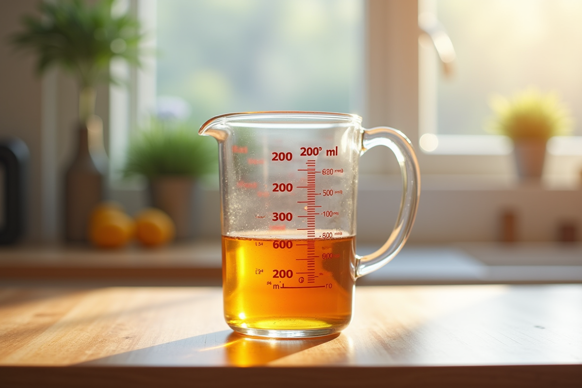 Verre mesureur rempli de liquide sur plan de cuisine lumineux