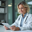 Vétérinaire femme en blouse blanche consulte une tablette