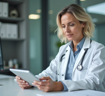 Vétérinaire femme en blouse blanche consulte une tablette