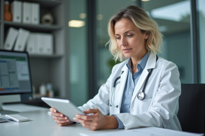 Vétérinaire femme en blouse blanche consulte une tablette