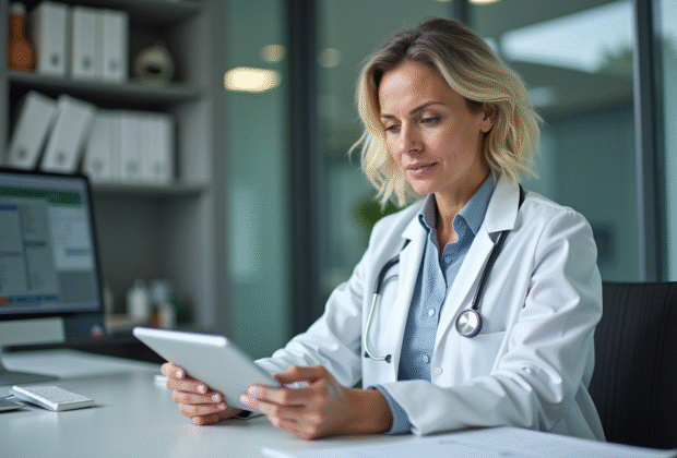 Vétérinaire femme en blouse blanche consulte une tablette