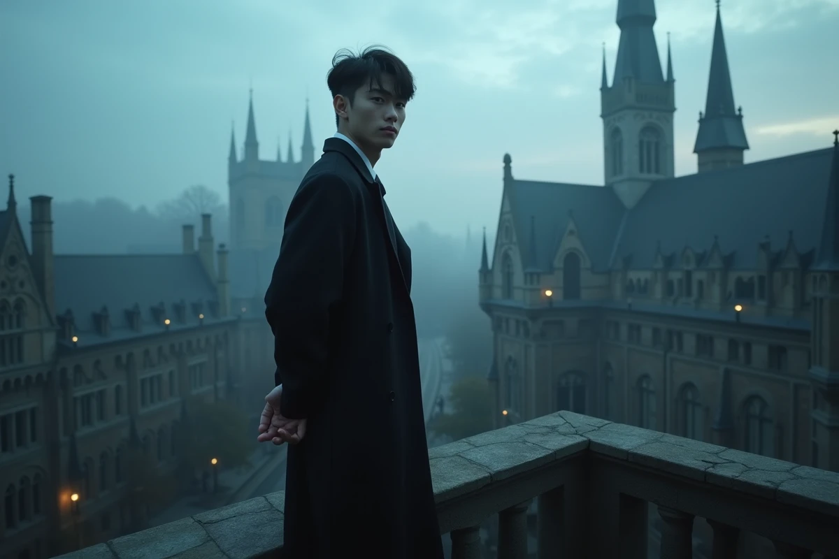 Protagoniste aux yeux de renard observant l'académie démoniaque depuis un balcon en pierre au crépuscule, posture dominante et regard stratégique sur le campus gothique