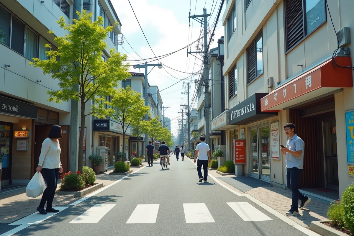 Rue reconstruite d'une ville du Tohoku avec des habitants locaux vaquant à leurs occupations quotidiennes, mêlant architecture moderne et vestiges traditionnels