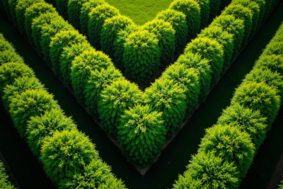 Vue aérienne d'un jardin vert en forme de V lumineux
