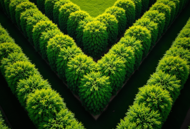 Vue aérienne d'un jardin vert en forme de V lumineux
