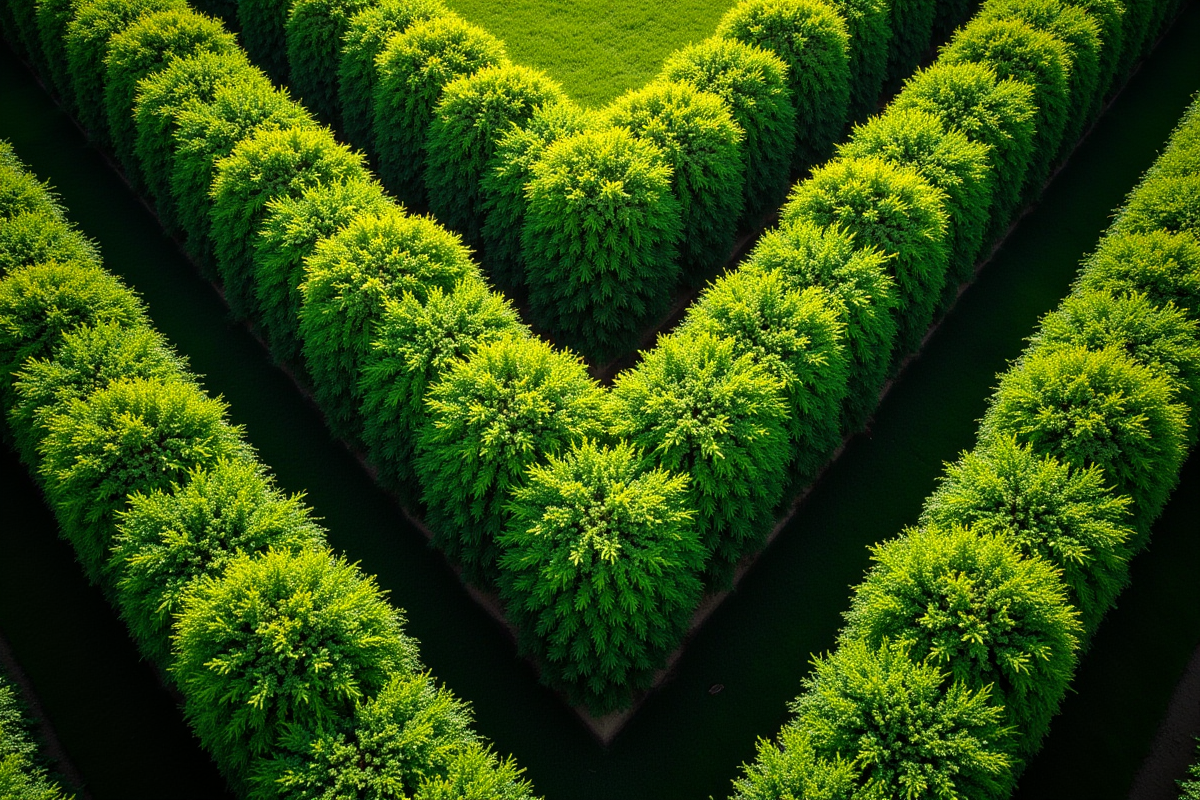 Vue aérienne d'un jardin vert en forme de V lumineux