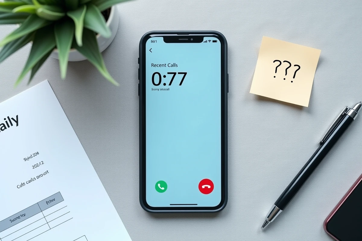 Vue du dessus d'un smartphone affichant un numéro 03 77 dans le journal d'appels posé sur un bureau
